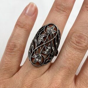 Vintage Art Nouveau Style Openwork Pewter Ring Crystal Statement Size 7